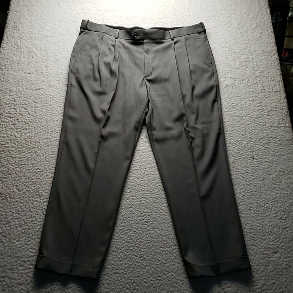 Savane Dress Pants Mens 45x30 Gray Pleated Classic Fit Microfiber Stretch Slacks